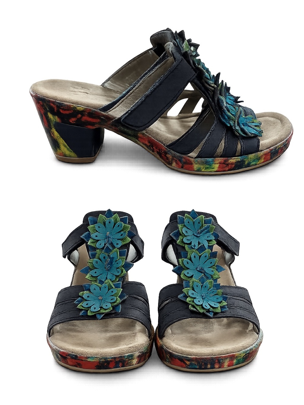 Women's Navy Leather Floral Appliqué Mid-Heel Sandals